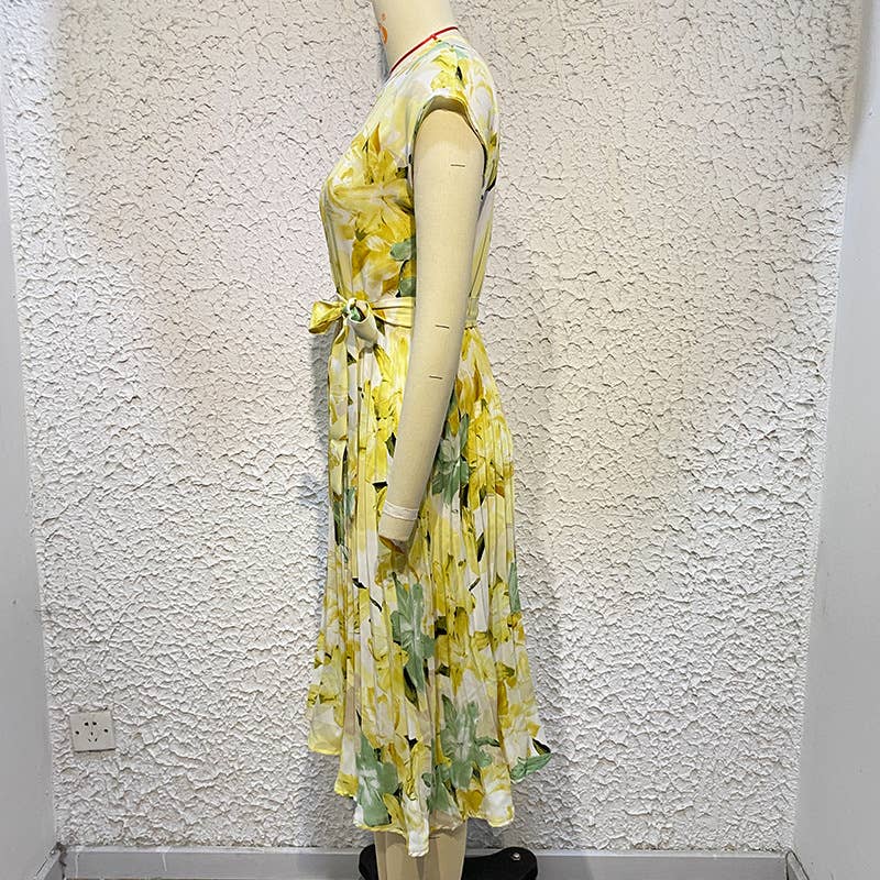 PRINTED CREW NECK LACE-UP PLEATED DRESS