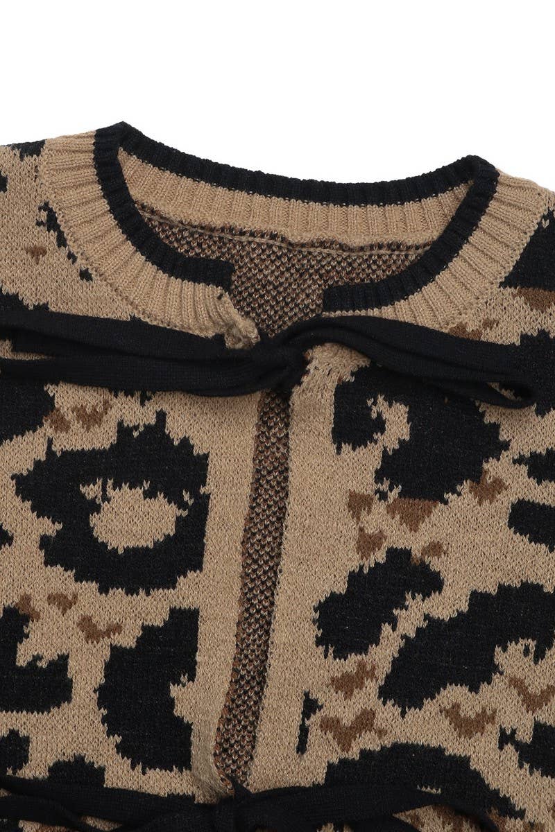 CWOCAL1557_LEOPARD PRINT BOW TIE KNITTED SWEATER CARDIGAN