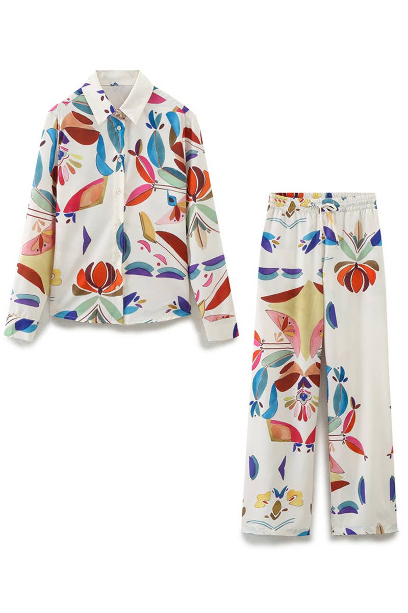 LONG-SLEEVED PRINTED POPLIN SHIRT AND PANTS SUIT
