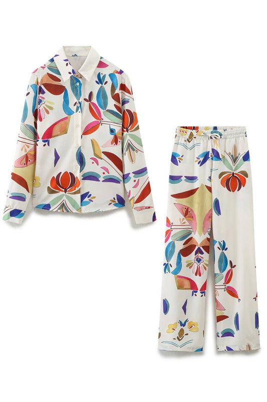 LONG-SLEEVED PRINTED POPLIN SHIRT AND PANTS SUIT