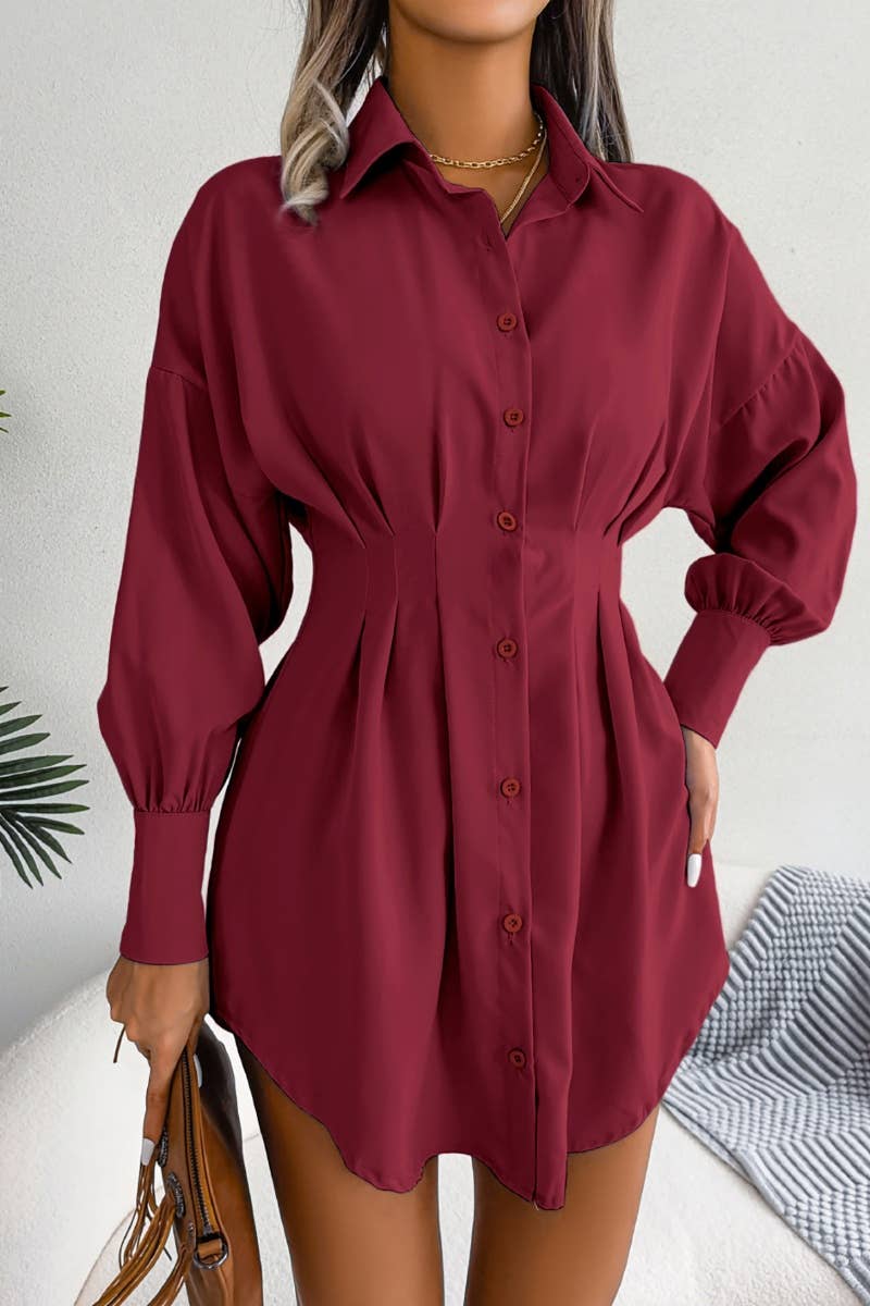CWDSD6423_LONG SLEEVE WAIST WAIST BLOUSE DRESS SHORT