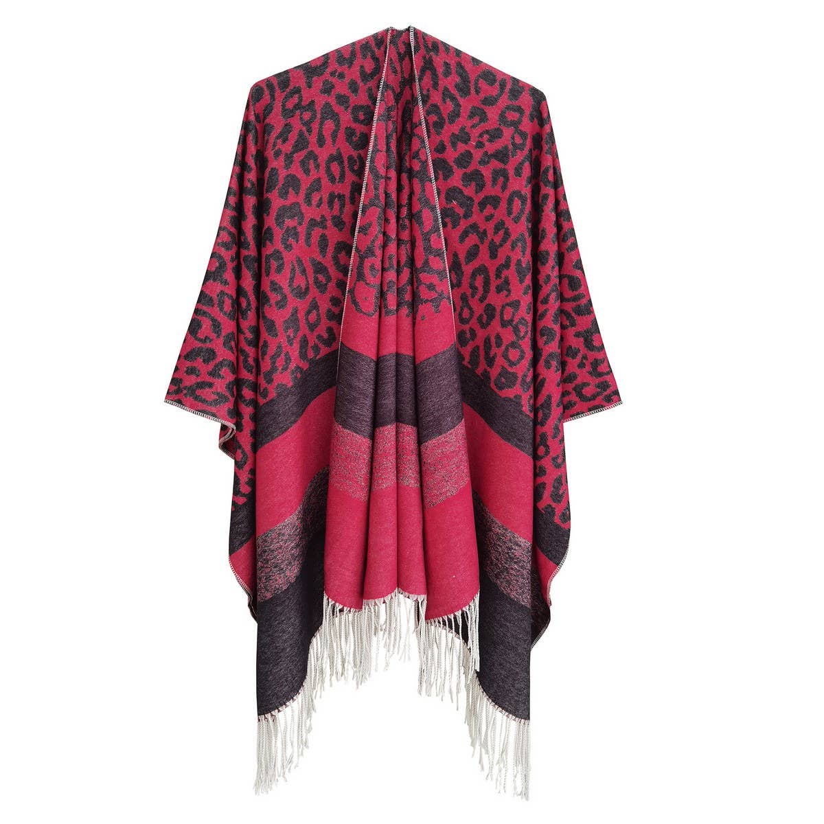 LEOPARD PRINT STRIPED TASSEL WARM SPLIT SHAWL