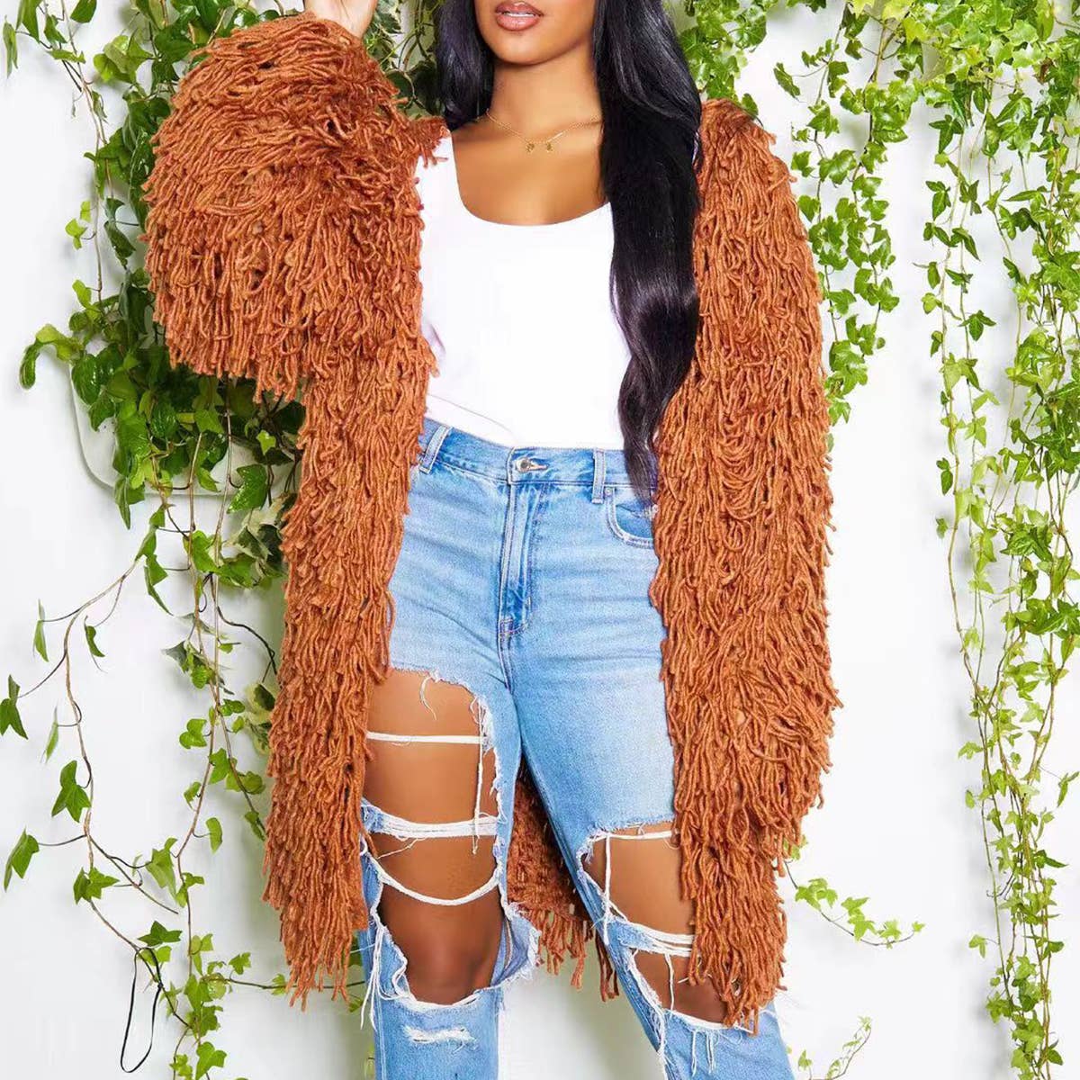 WOMEN FASHION HOLLOWED OUT TASSEL CARDIGAN