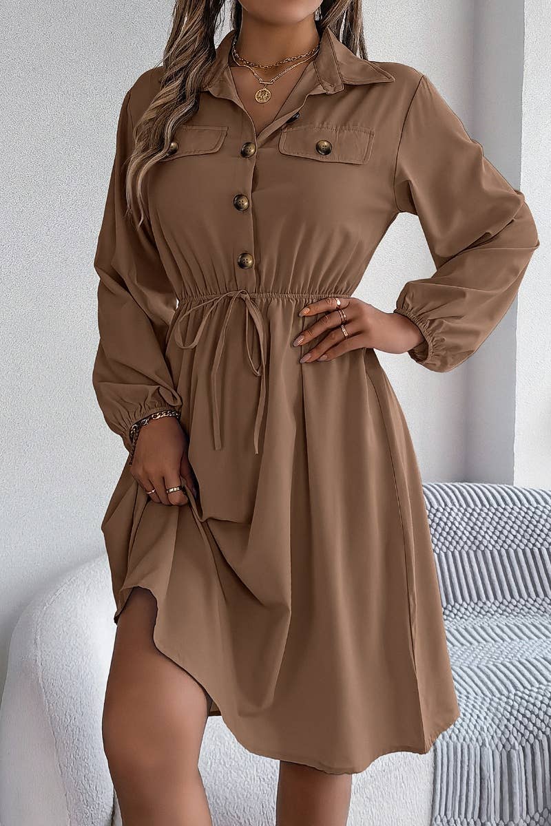 CWDSD5772_LONG-SLEEVED BUTTON-UP DRESS WITH WAIST TUCKED
