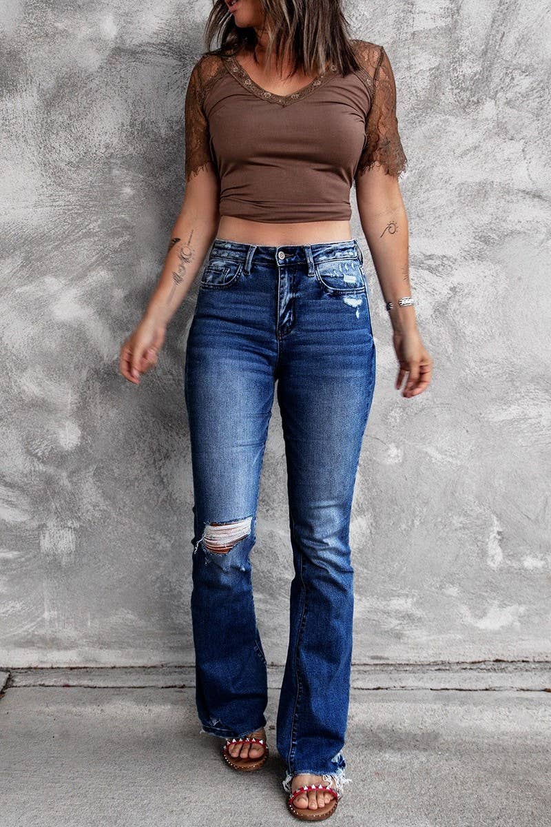 CWJP0604_HIGH WAIST STRETCH RIPPED FRAYED HEM FLARE JEANS
