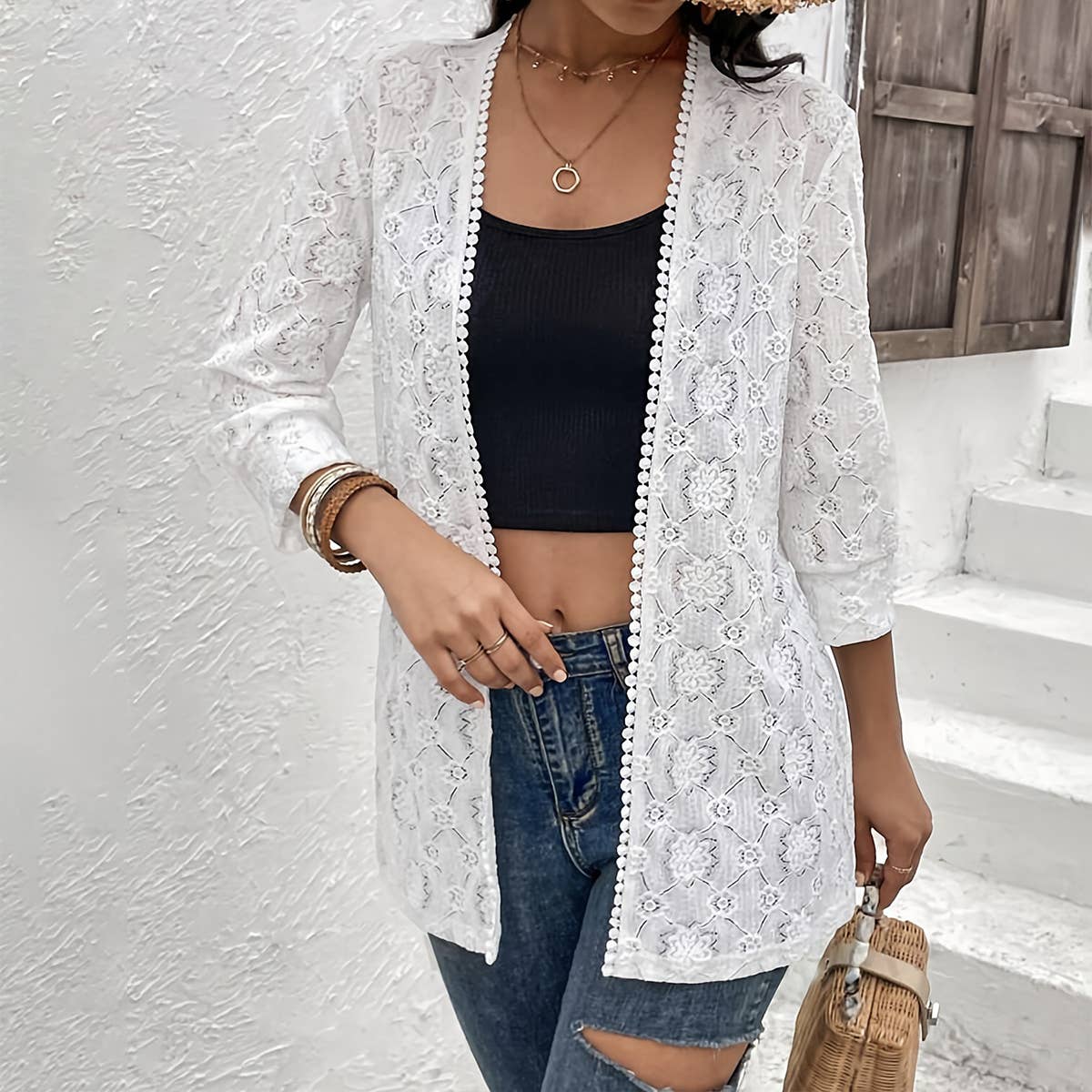 Elegant solid-color lace patchwork cardigan