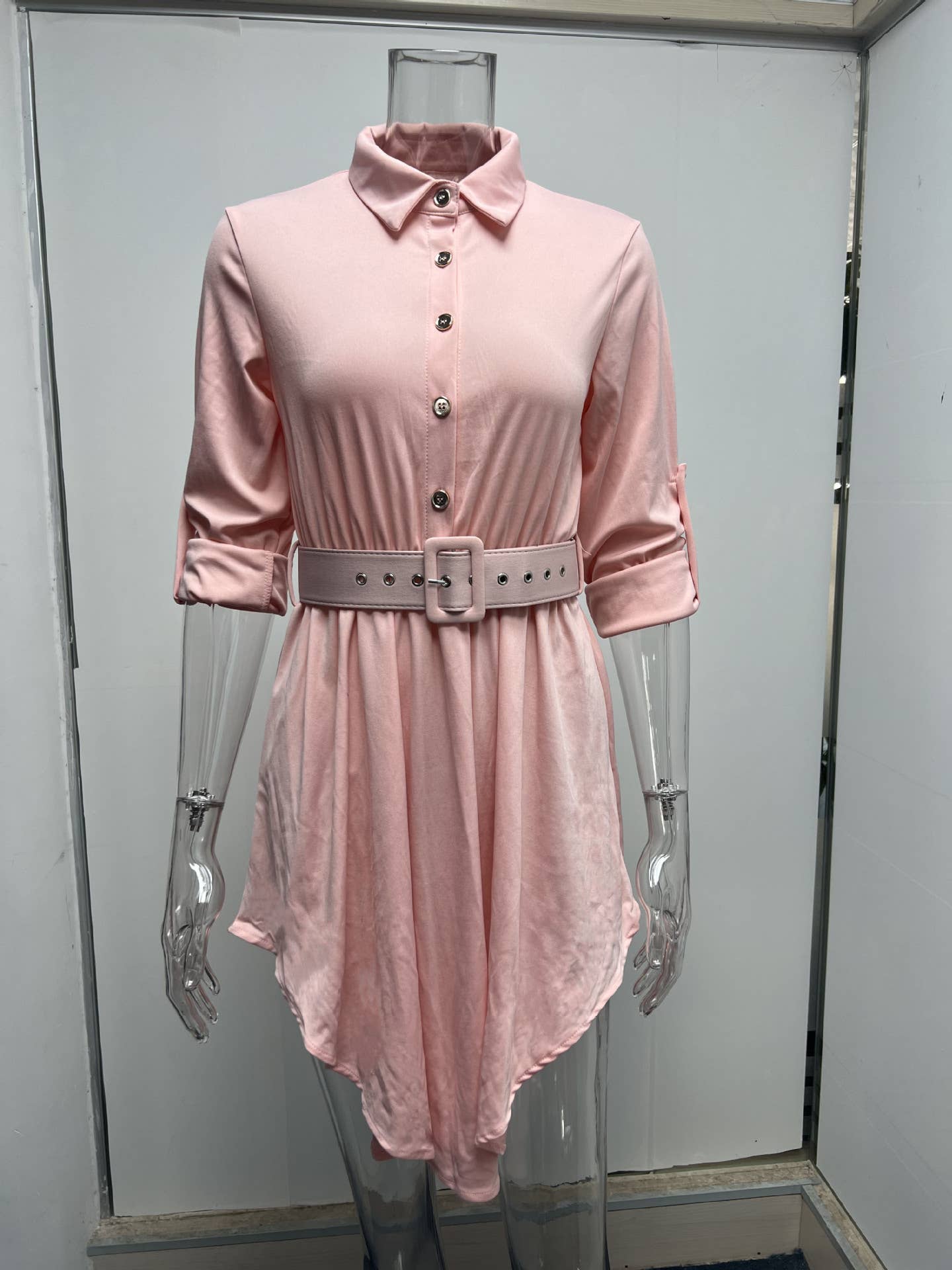 Rolled-up sleeves cinched waist shirt dress