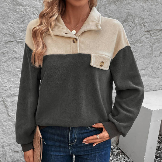 LONG SLEEVE LAPEL FLEECE SPLICED HOODIE