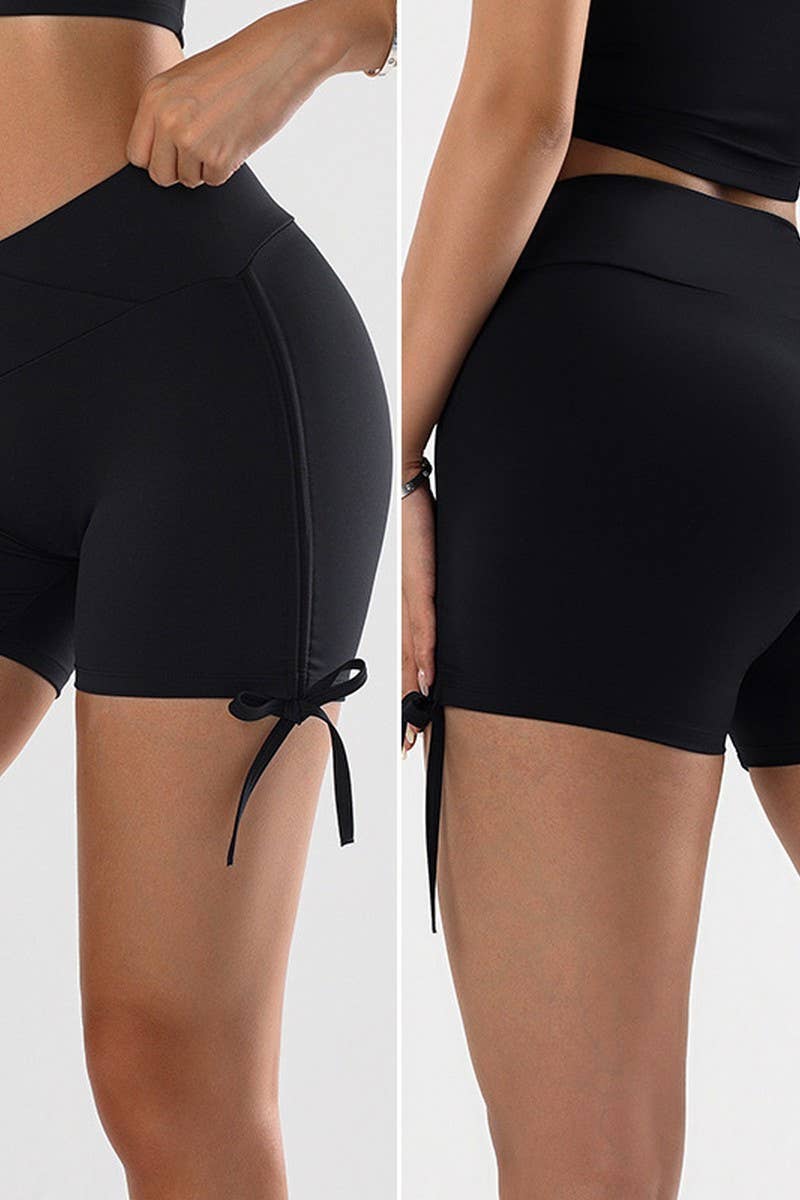 CWBSP0444_PLEATED V-NECK HIGH WAIST TIGHT GYM SHORTS