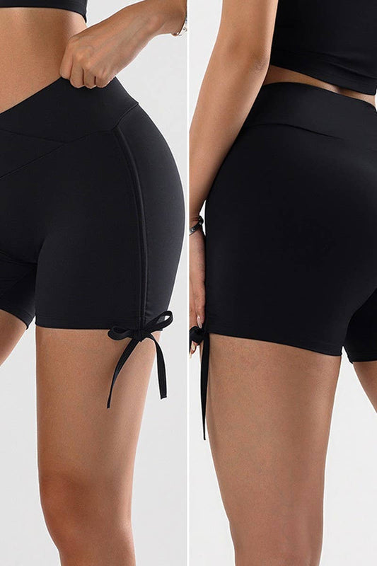 CWBSP0444_PLEATED V-NECK HIGH WAIST TIGHT GYM SHORTS