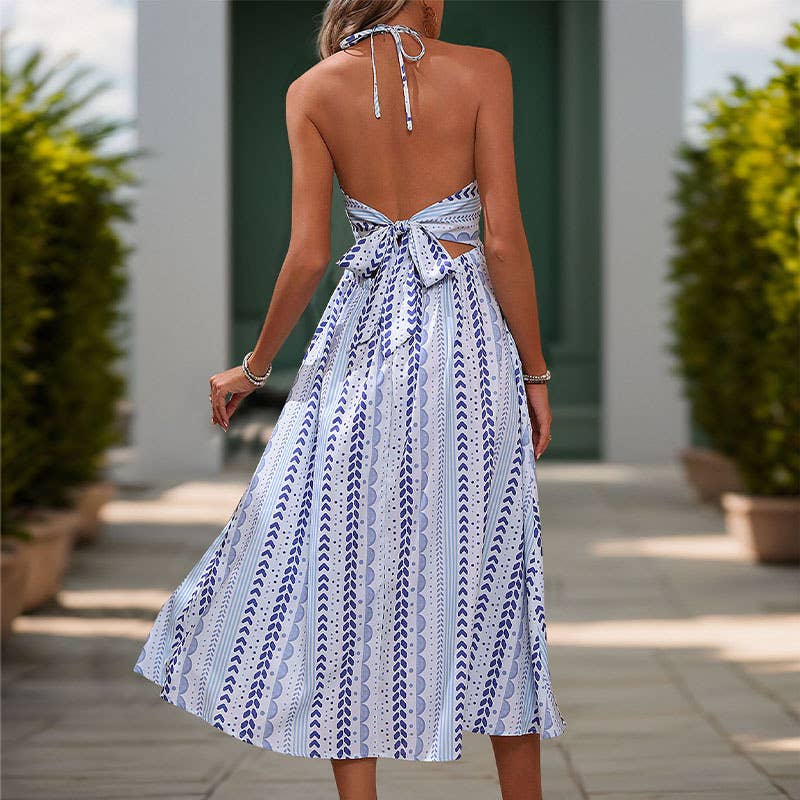 Printed halter strap V-neck halter dress