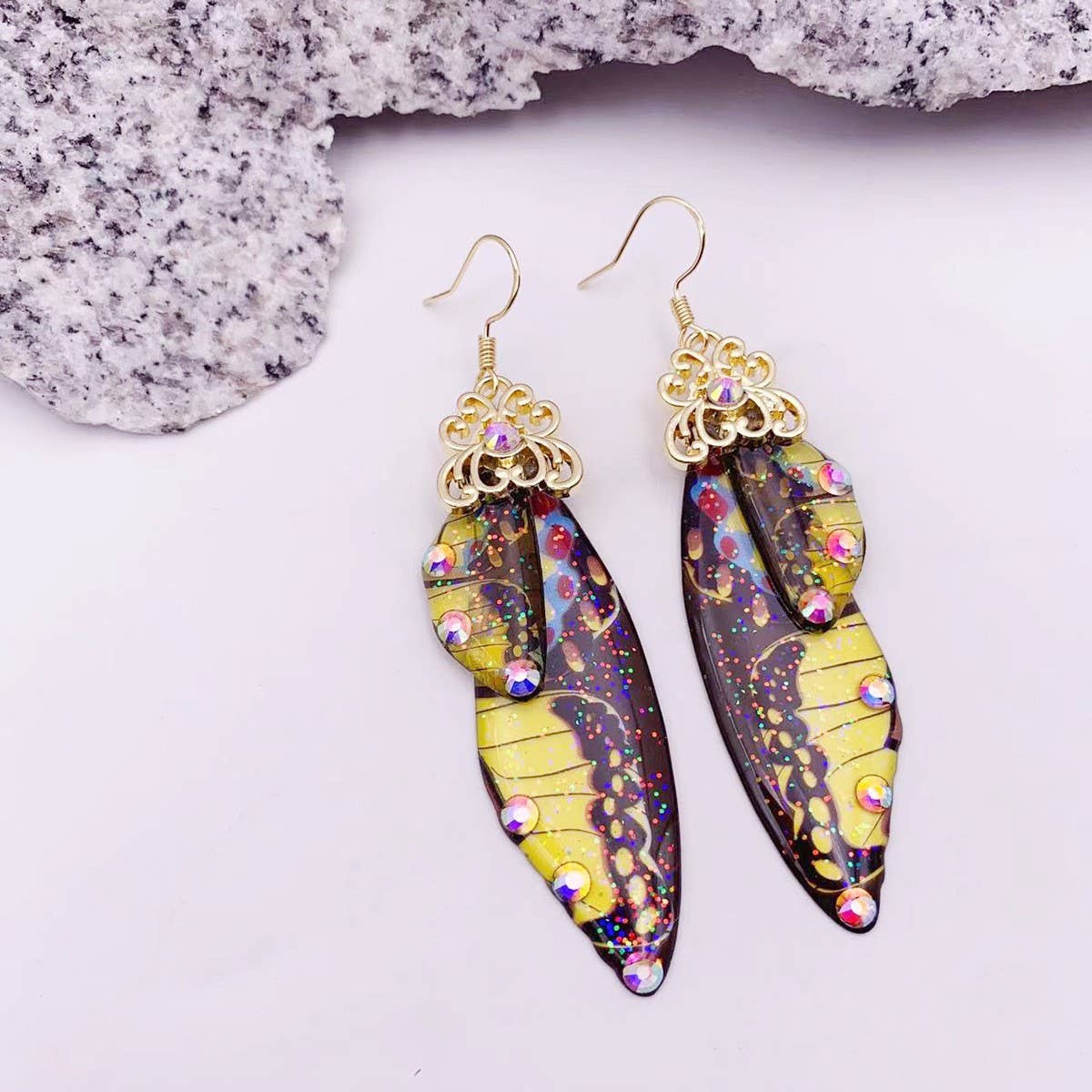Elegant long earrings with cicada wing wings