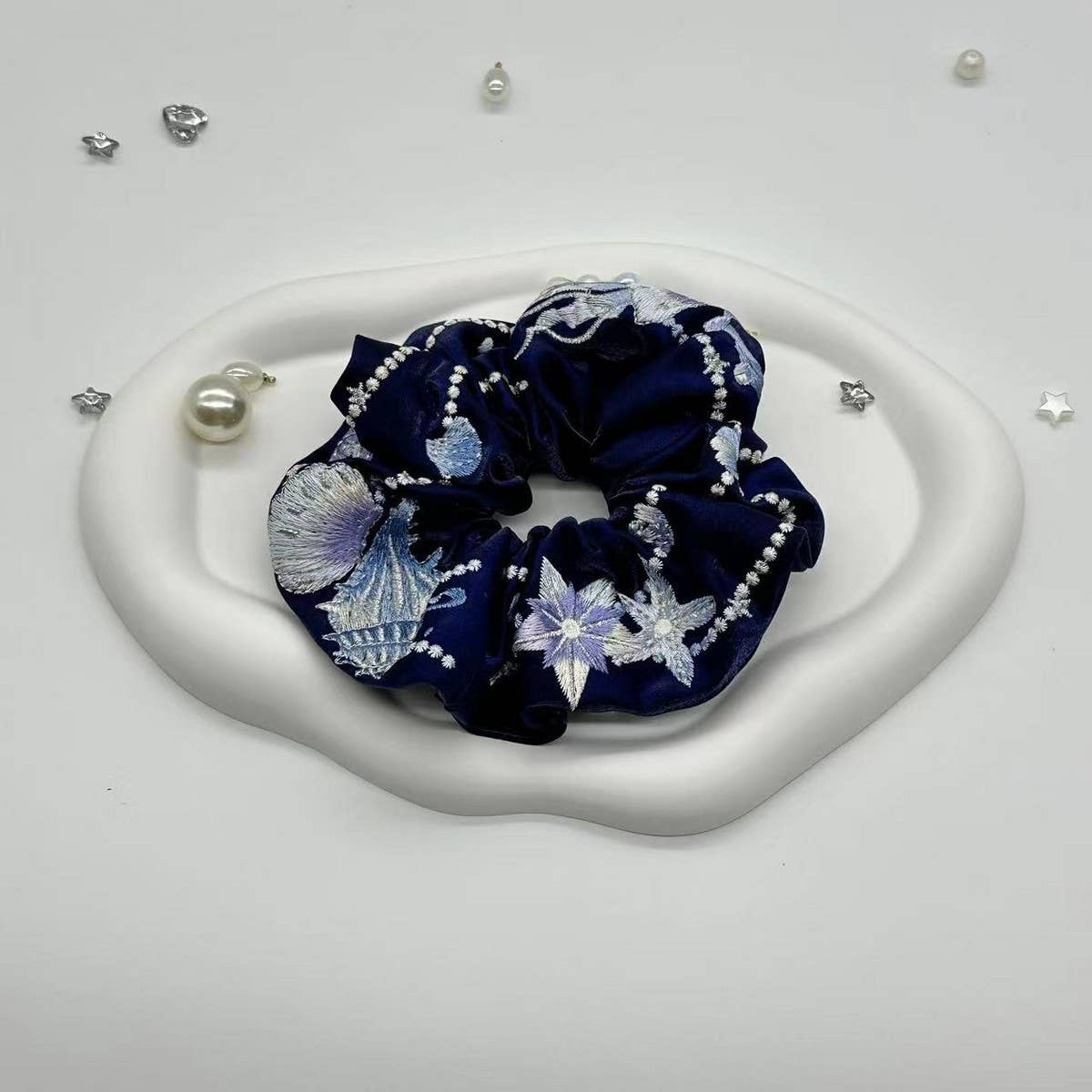 EMBROIDERED MARINE LIFE SQUARE SCARF HAIR TIE