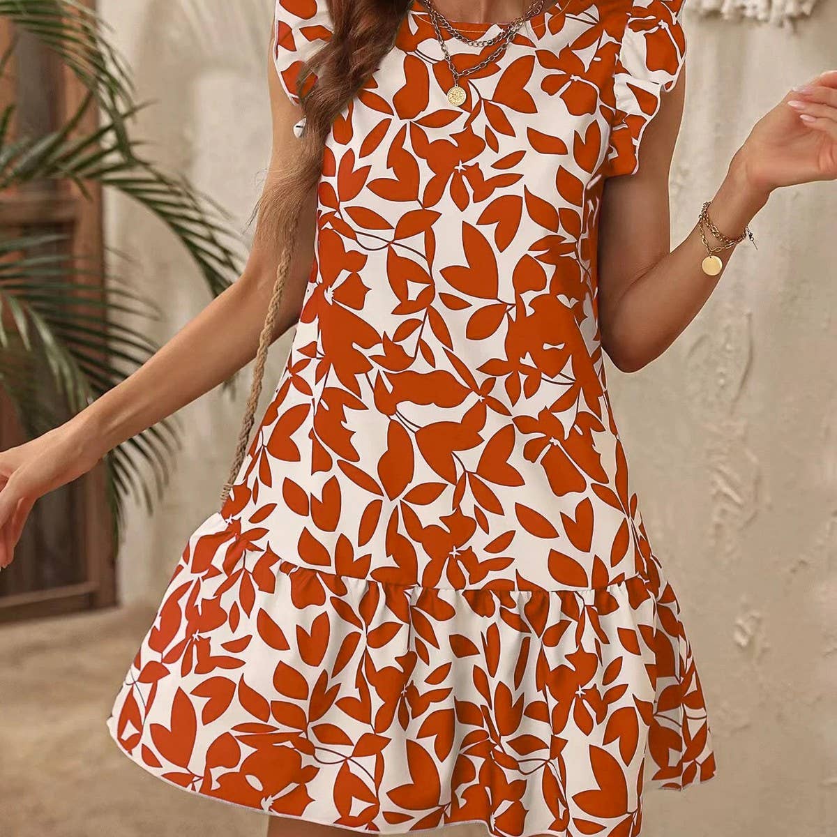 Loose skirt crew-neck printed short-sleeved dress