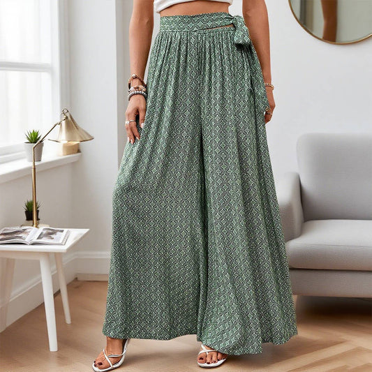 Lace-up high-waisted casual wide-leg trousers