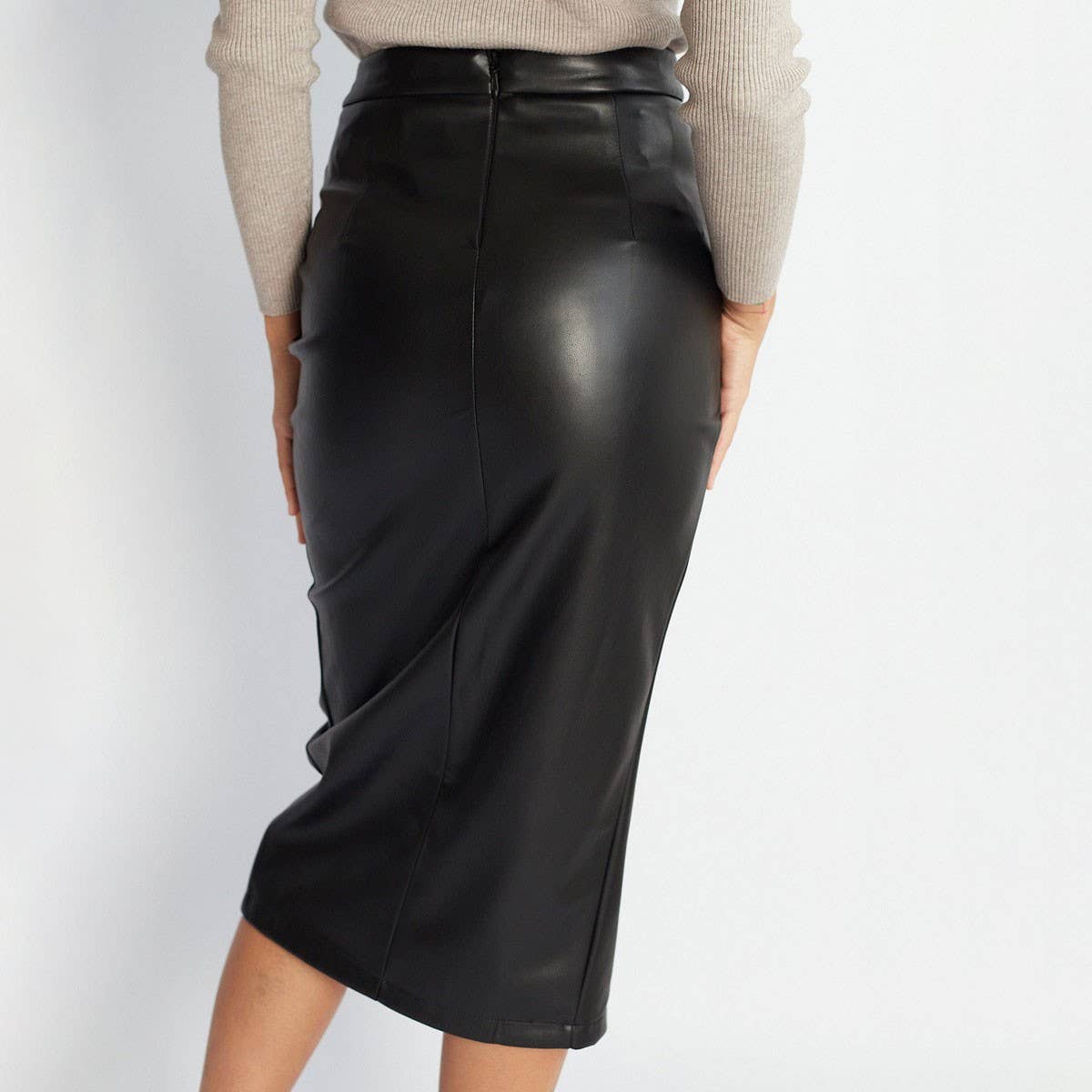 WOMEN'S PU SLIT SKIRT ZIPPER LEATHER SKIRT_CWAB4790