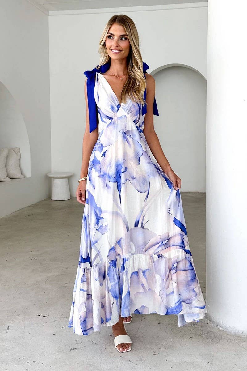 CWDMD5219_TIE-BACK V-NECK SLEEVELESS FLORAL MAXI DRESS