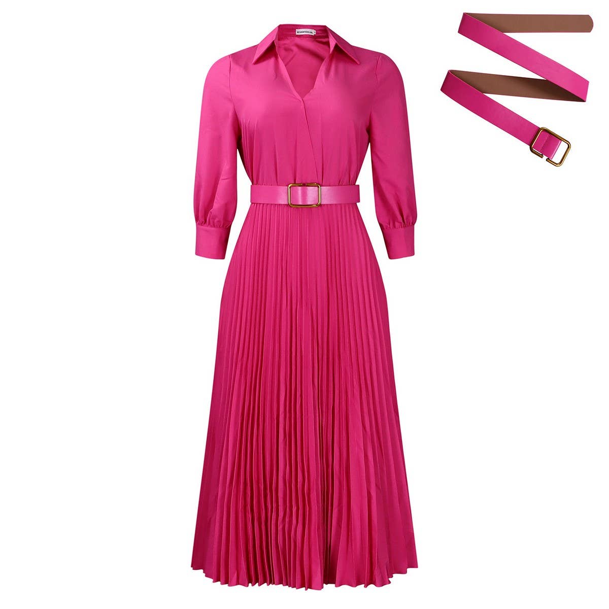ELEGANT LAPEL SOLID COLOR WIDE HEM PLEATED DRESS