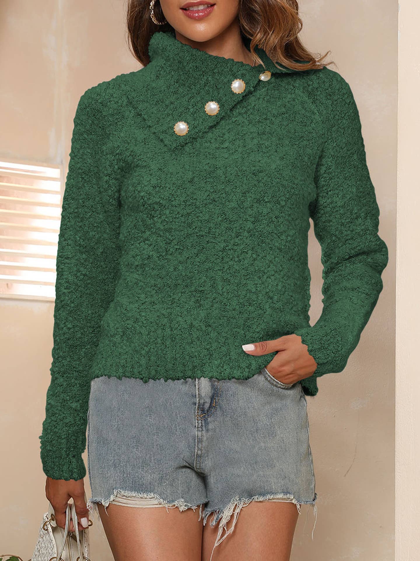 IRREGULAR LAPEL PEARL BUTTON PULLOVER SWEATER