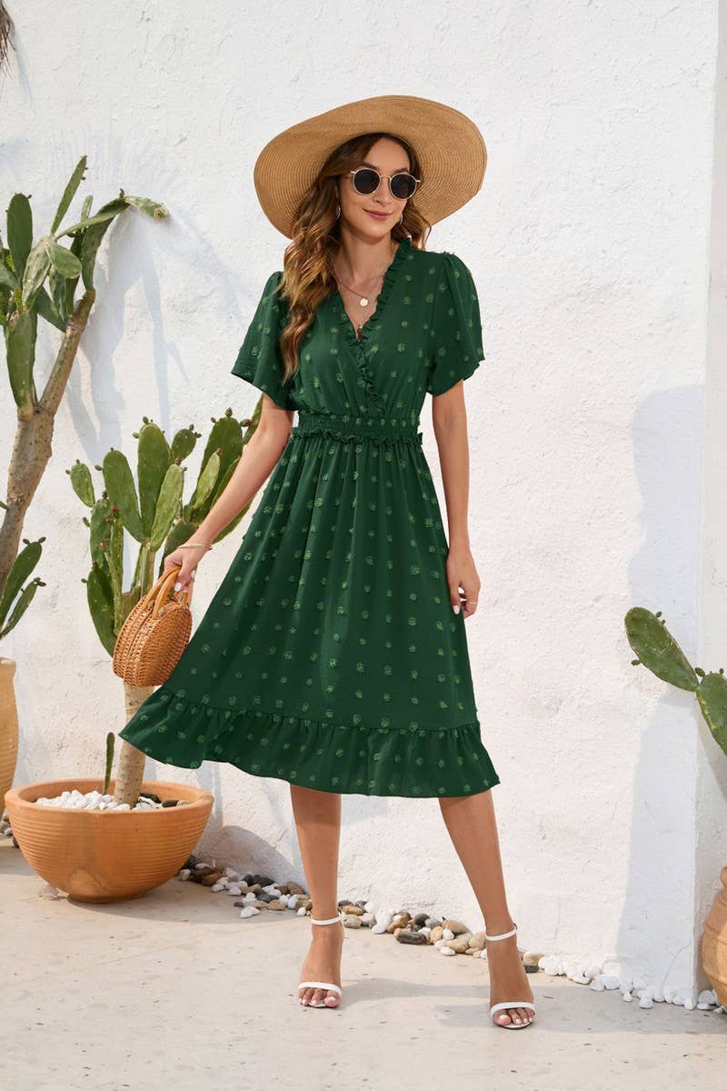 CWDMD2141_V-NECK HIGH-WAISTED LACE-UP DRESS