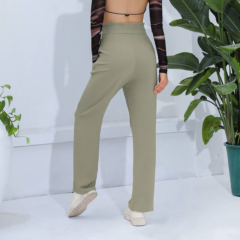Solid Color Tie Waist High Rise Slim Fit Pants
