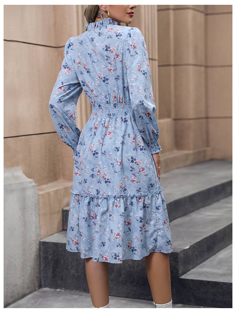 Long sleeve belted floral dress