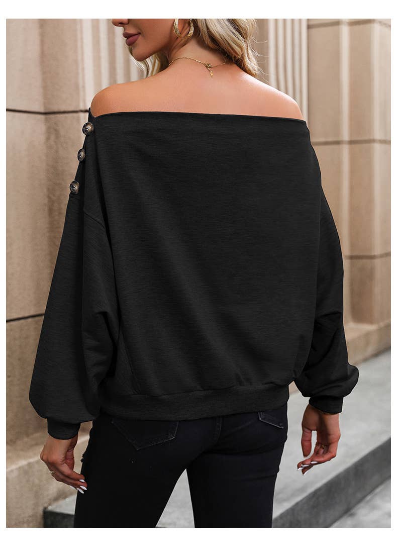 SOLID COLOR LINE NECK OFF-THE-SHOULDER HOODIE