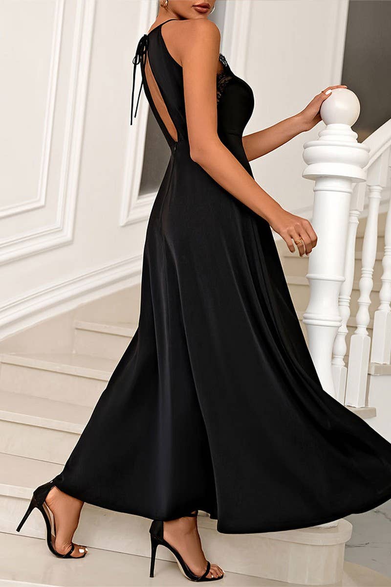 CWDHL0778_LACE HALTERNECK LONG HIGH SLIT EVENING DRESS