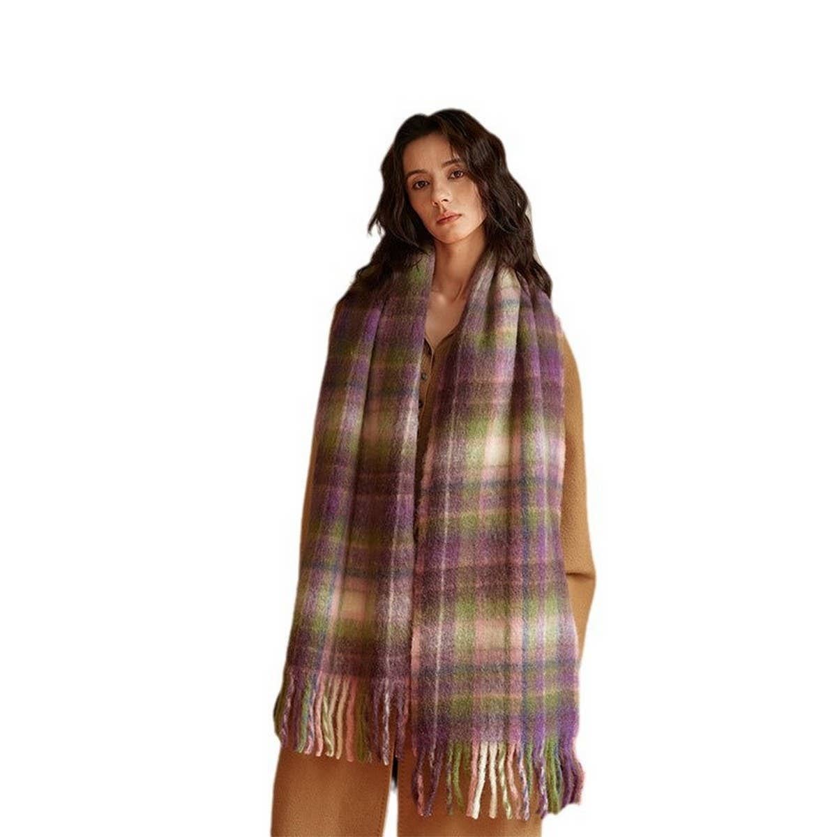 Purple Pink Wool Blend Plaid Scarf - Winter Warmth_CWASC2334