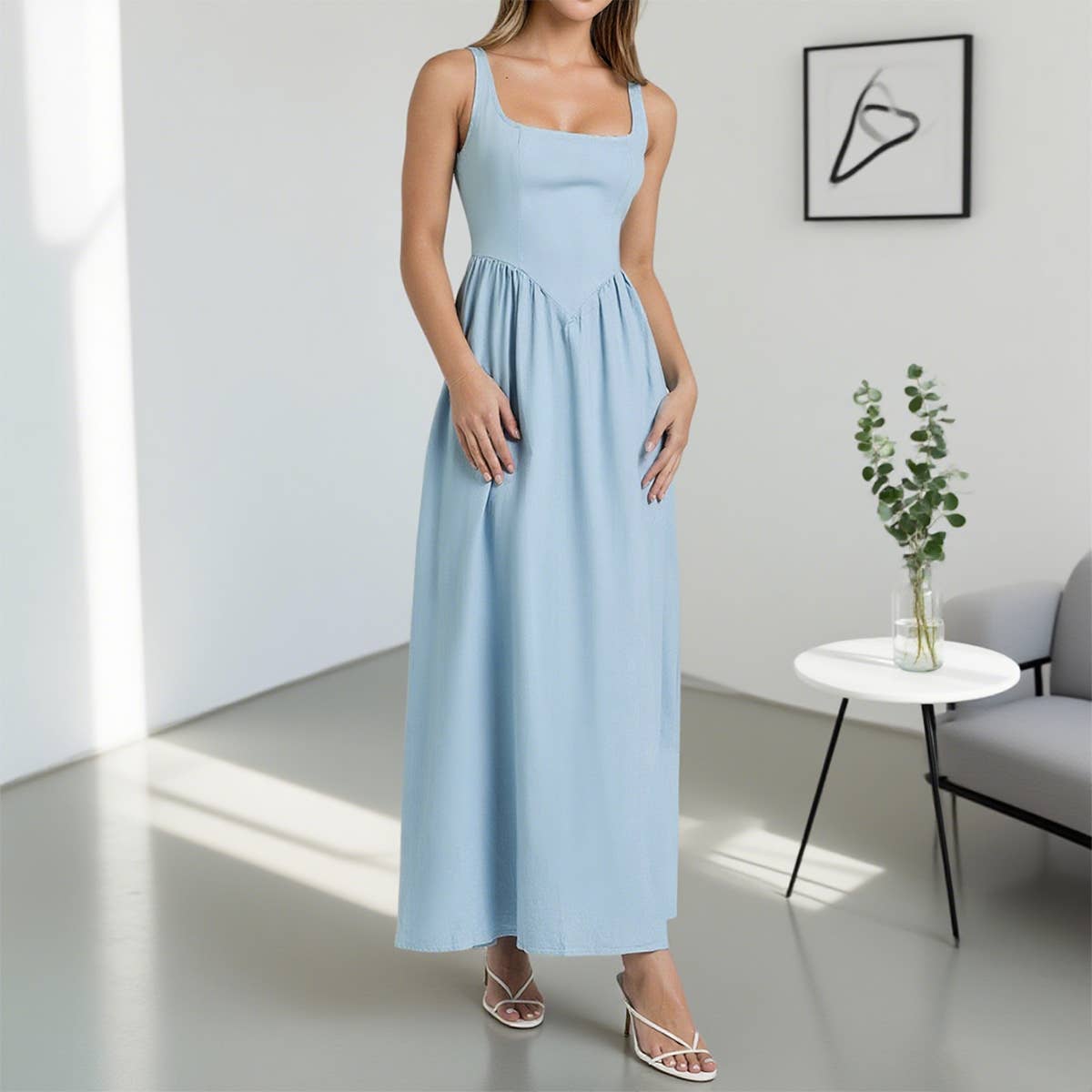 Solid-color elegant square-neck halter dress