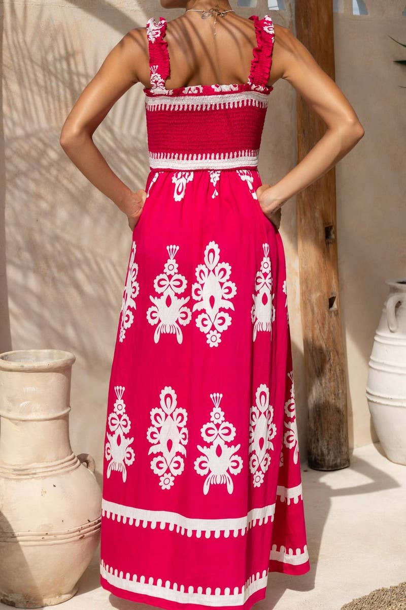 CWDHL1076_SUMMER RESORT STYLE PRINTED SUSPENDER BEACH DRESS