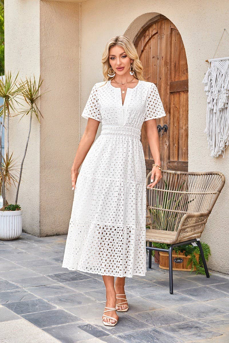 CWDMD6339_V-NECK HOLLOW EYELET PLEATED SHORT SLEEVE DRESS