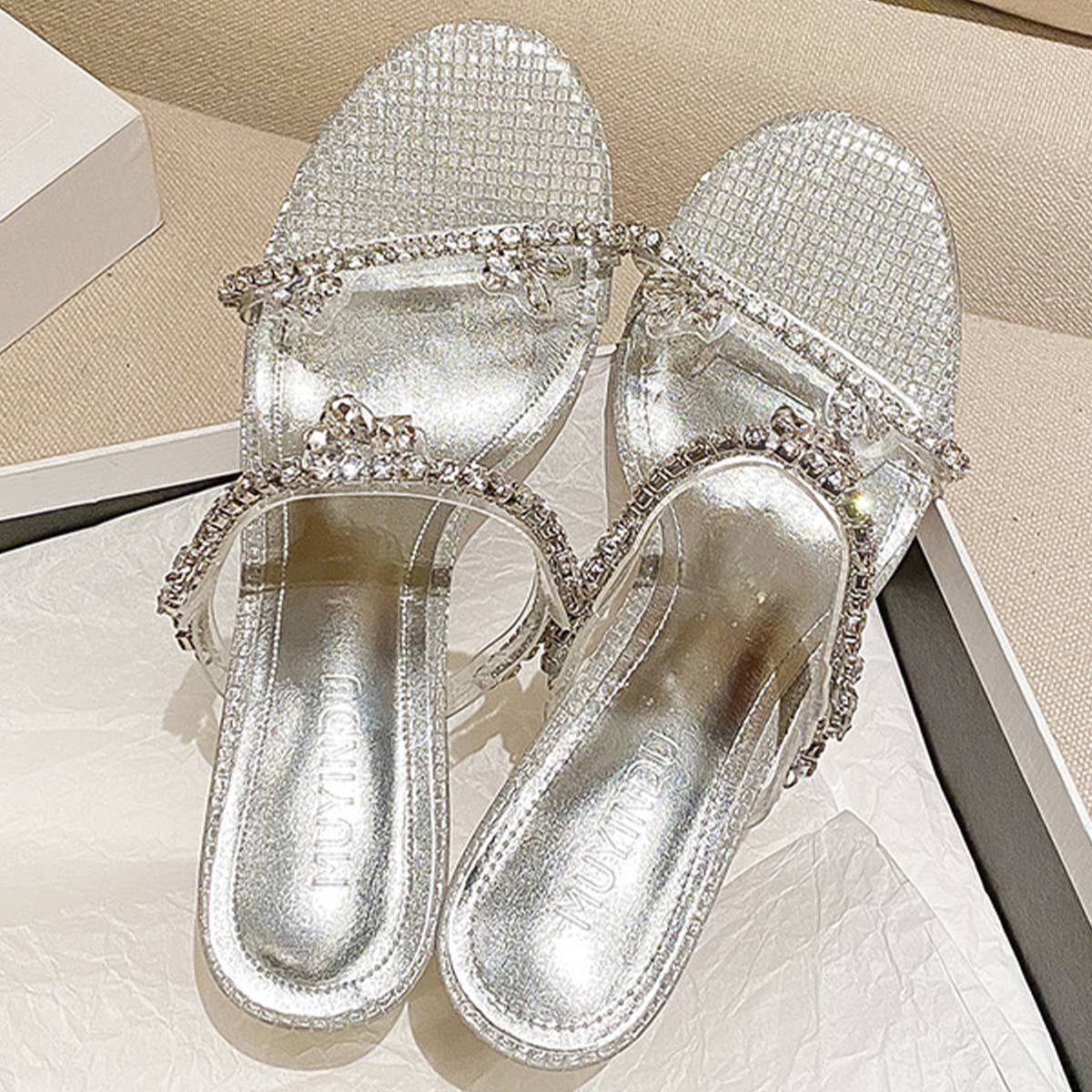 RHINESTONE SLIM HEEL SANDALS HIGH HEELS