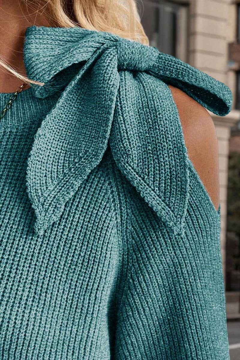 CWOSWL07629_ONE SHOULDER BOW TIE LANTERN SLEEVE SWEATER