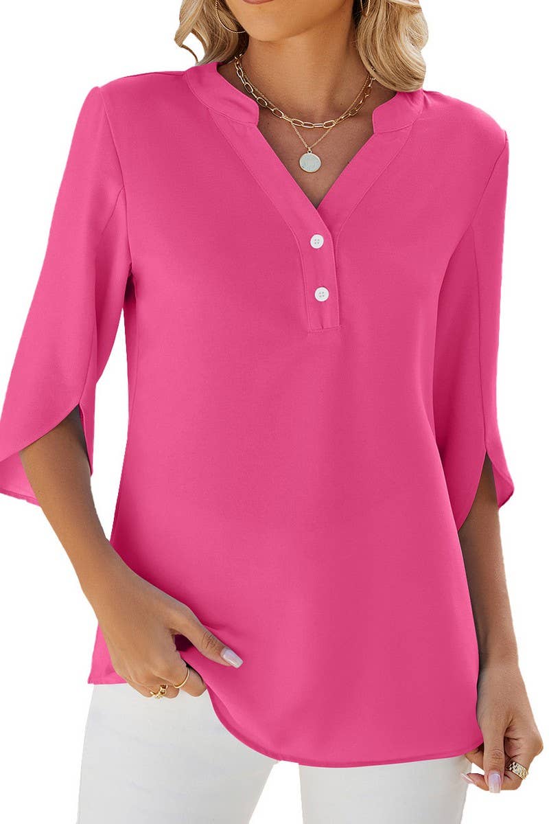 V NECK BUTTON SOLID COLOR CASUAL CHIFFON SHIRT_CWTSTS0185