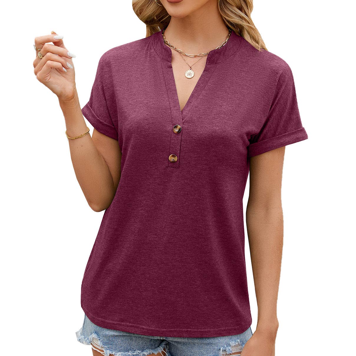 V-neck button solid color short-sleeved T-shirt