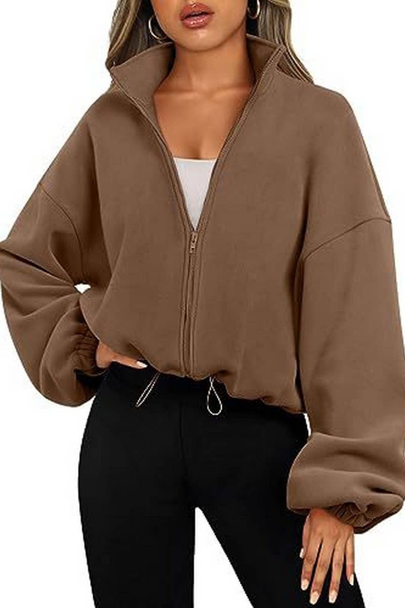 CWOBL0195_STAND COLLAR PLUSH ZIPPER CASUAL SPORTS JACKET