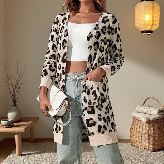 Leopard print jacquard long buttonless cardigan