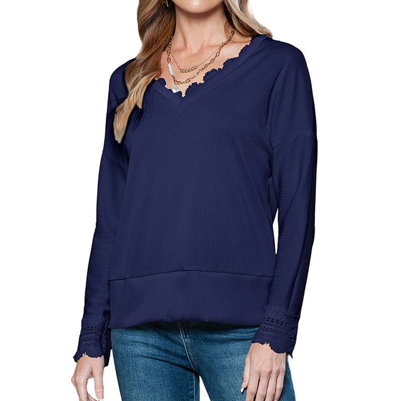 LACE TRIM V-NECK THIN SIMPLE SOLID COLOR SWEATER