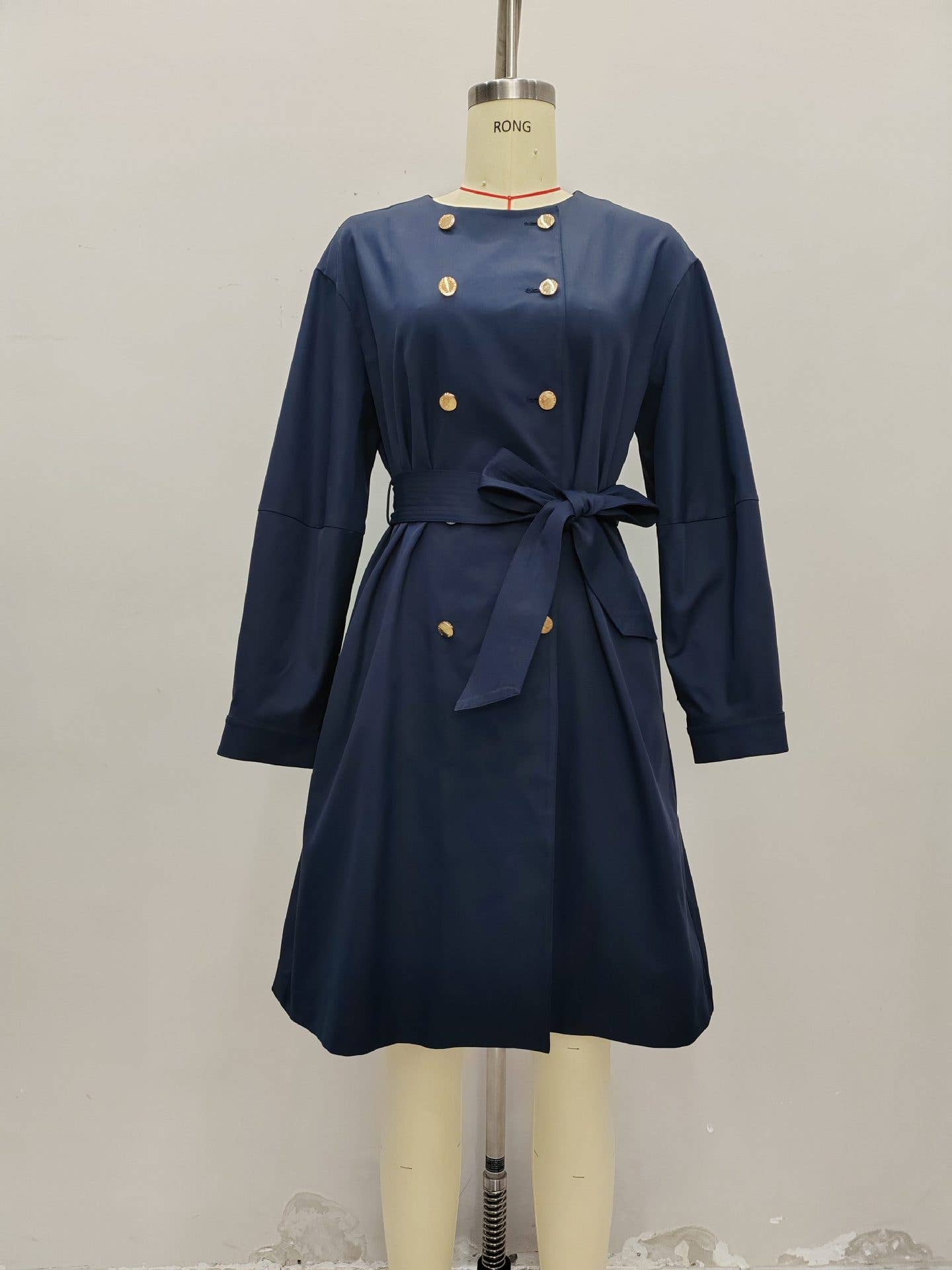 Elegant round-neck double metal -breasted coat