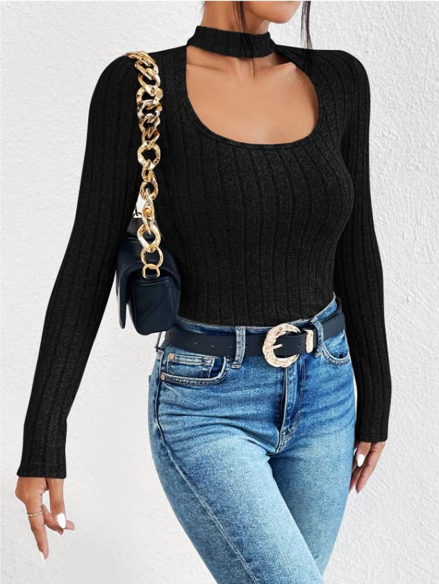 U-NECK LONG SLEEVE PIT STRIPED WOOL KNIT T-SHIRT
