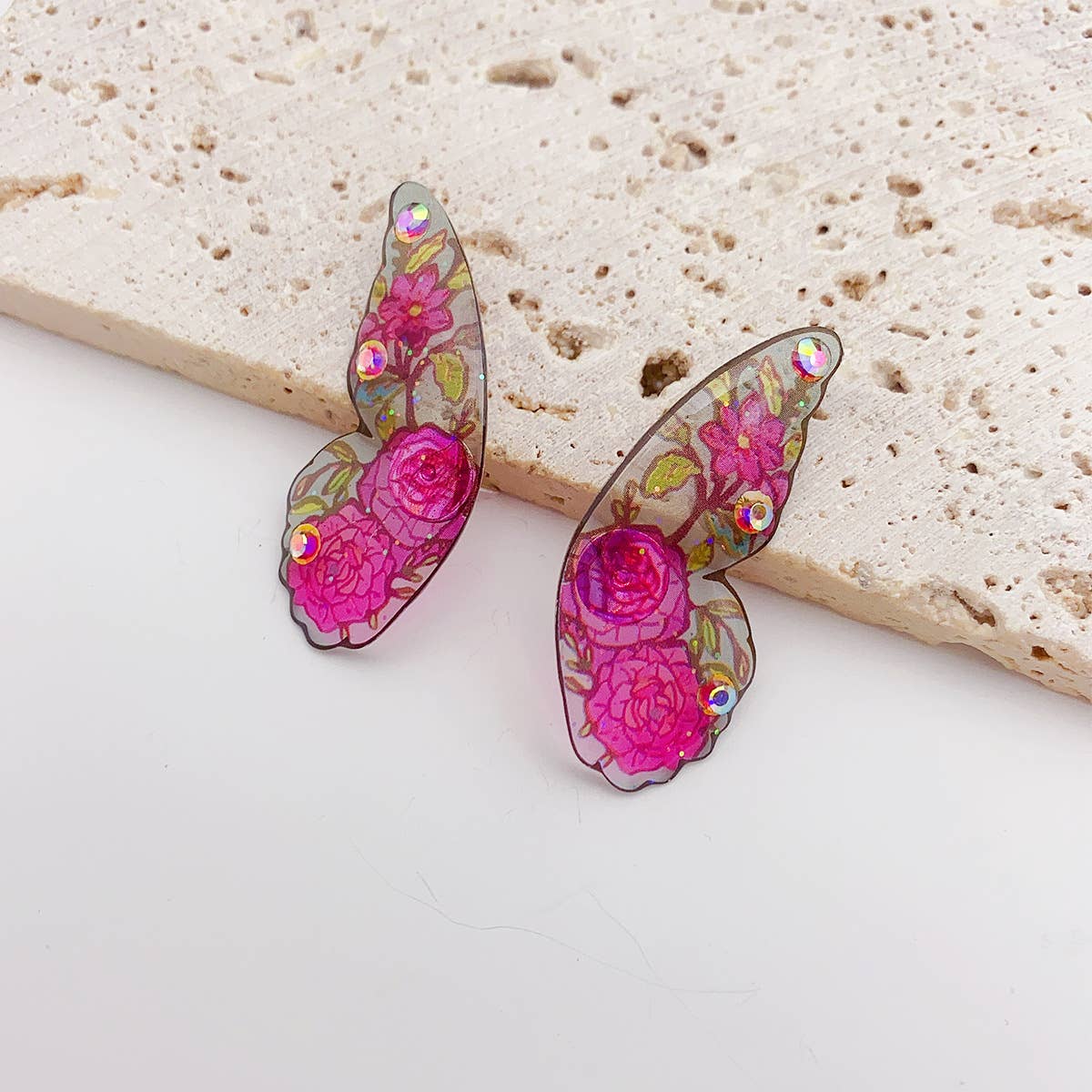 Painted ear studs with simulated butterfly wings