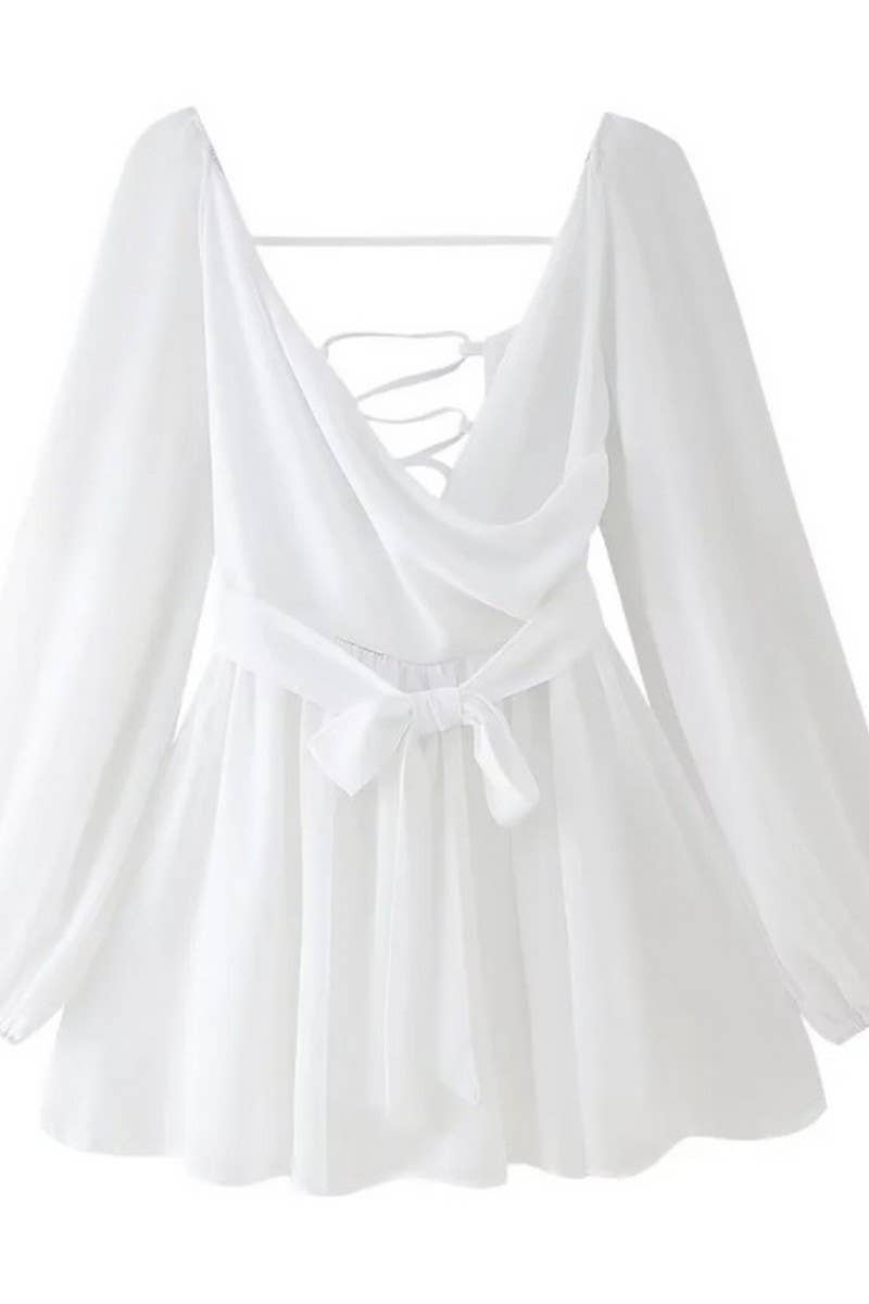 CWDSD6602_SOLID COLOR OFF-SHOULDER SLEEVES V-NECK DRESS