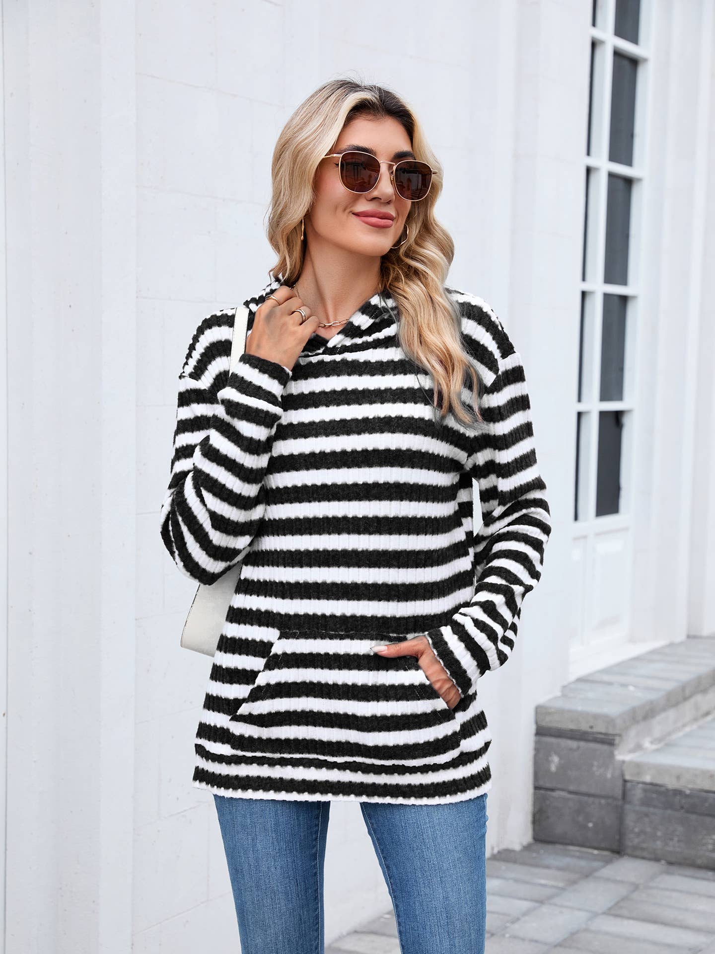 Striped hooded loose long-sleeved sweatshirt