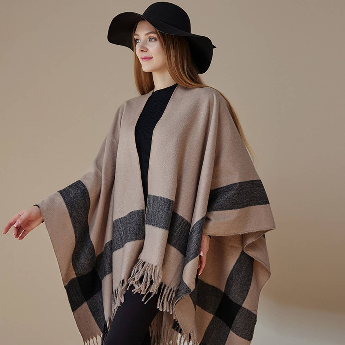 STRIPED FASHIONABLE SHAWL WITH FRINGE CAPE_CWASC2179