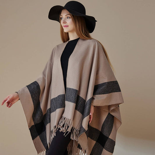 STRIPED FASHIONABLE SHAWL WITH FRINGE CAPE_CWASC2179