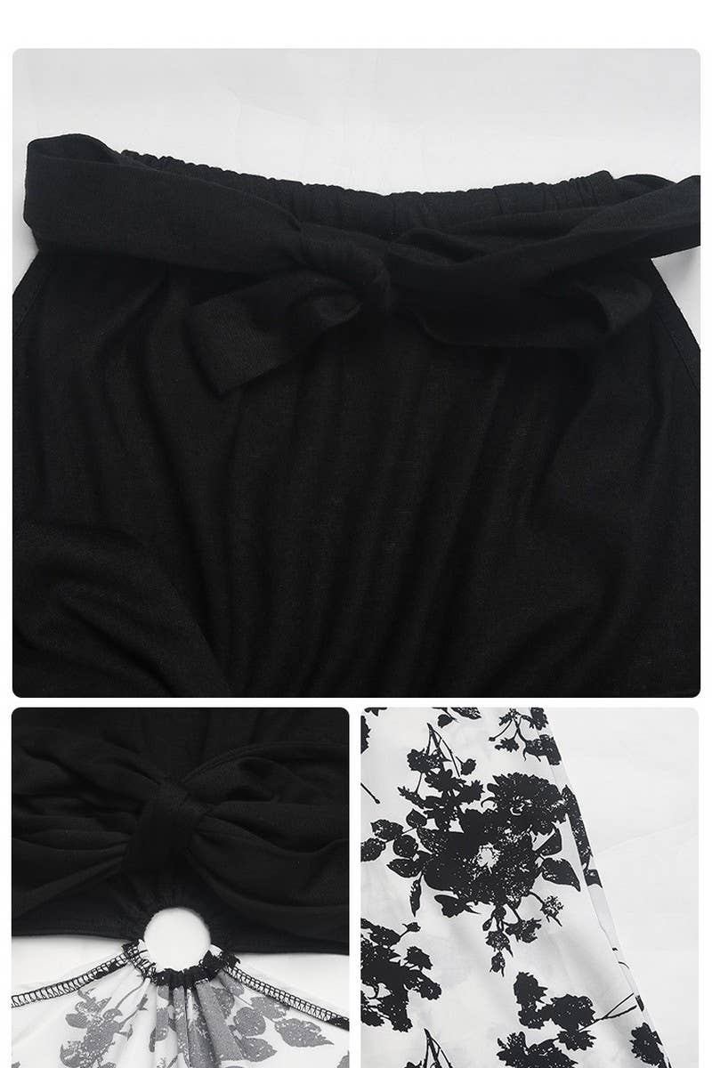 CWDHL0635_HIGH WAIST PRINTED PANEL HALTER NECK DRESS