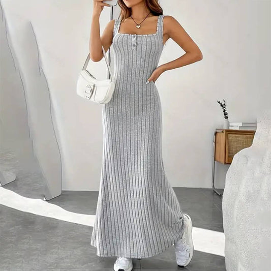WOMEN'S SOLID COLOR HALTER STRIPED SLIM DRESS_CWDMD1401