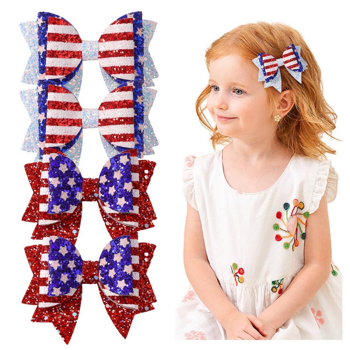 Glitter Star & Flag Bow Hair Clip Set for Kids
