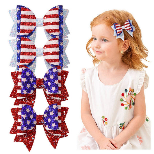 Glitter Star & Flag Bow Hair Clip Set for Kids